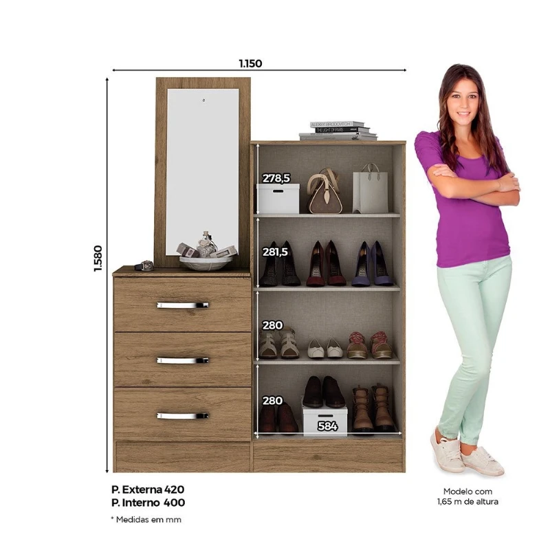 Cômoda Henn B700 Multiuso 2 Portas e 3 Gavetas com Espelho