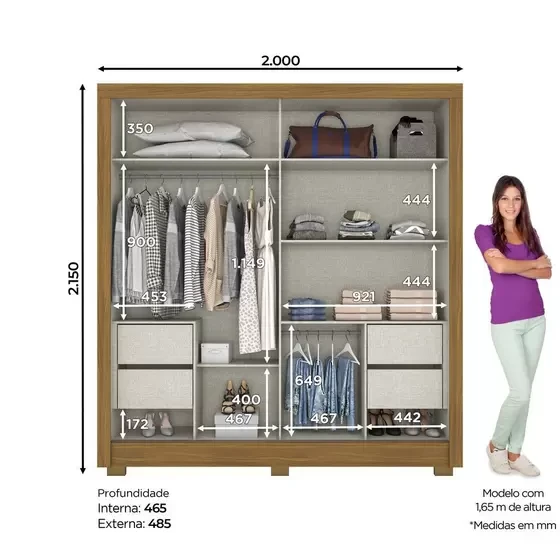 Guarda Roupa/Roupeiro 02 Portas Deslizantes 04 Gavetas B93 Briz