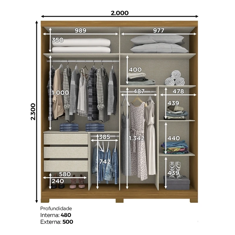 Guarda Roupa 02 Portas Deslizantes 03 Gavetas Verg Henn