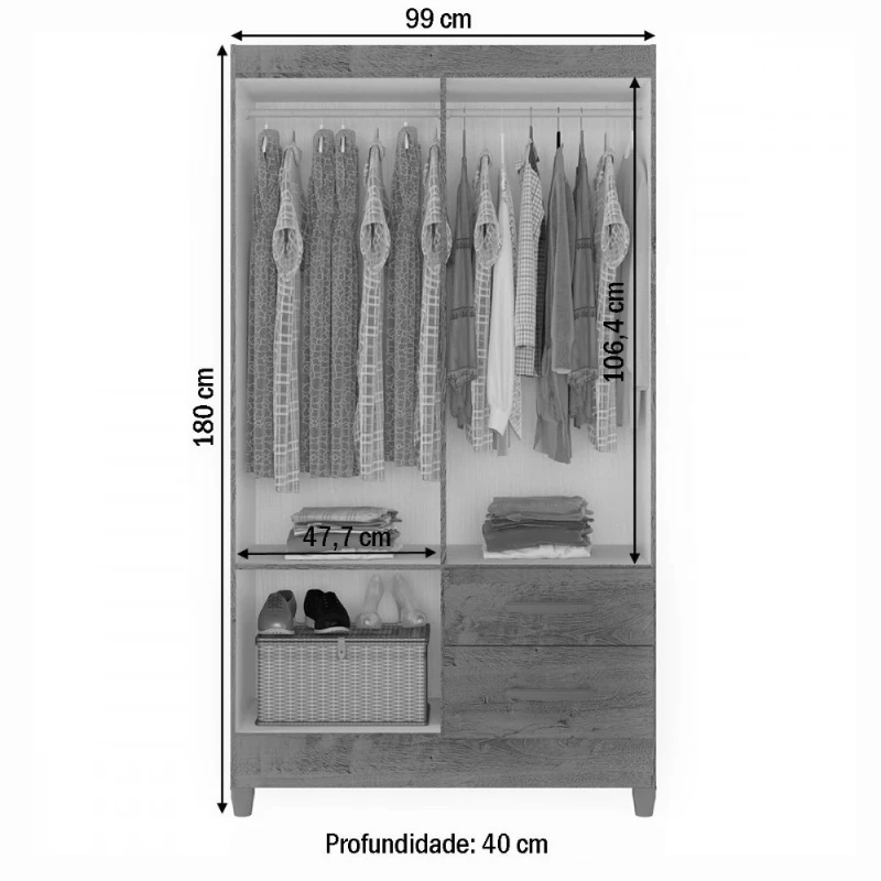Guarda-Roupa/Roupeiro com Espelho 4 Portas 2 Gavetas Real Light Atualle Móveis