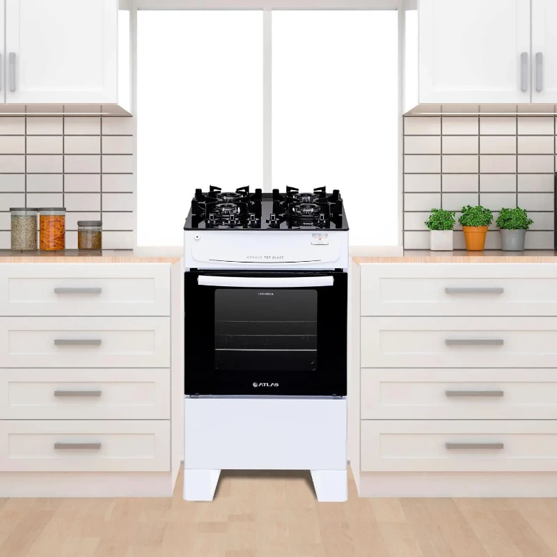 Fogão 4 Bocas Atlas Mônaco Top Glass Branco com Mesa de Vidro