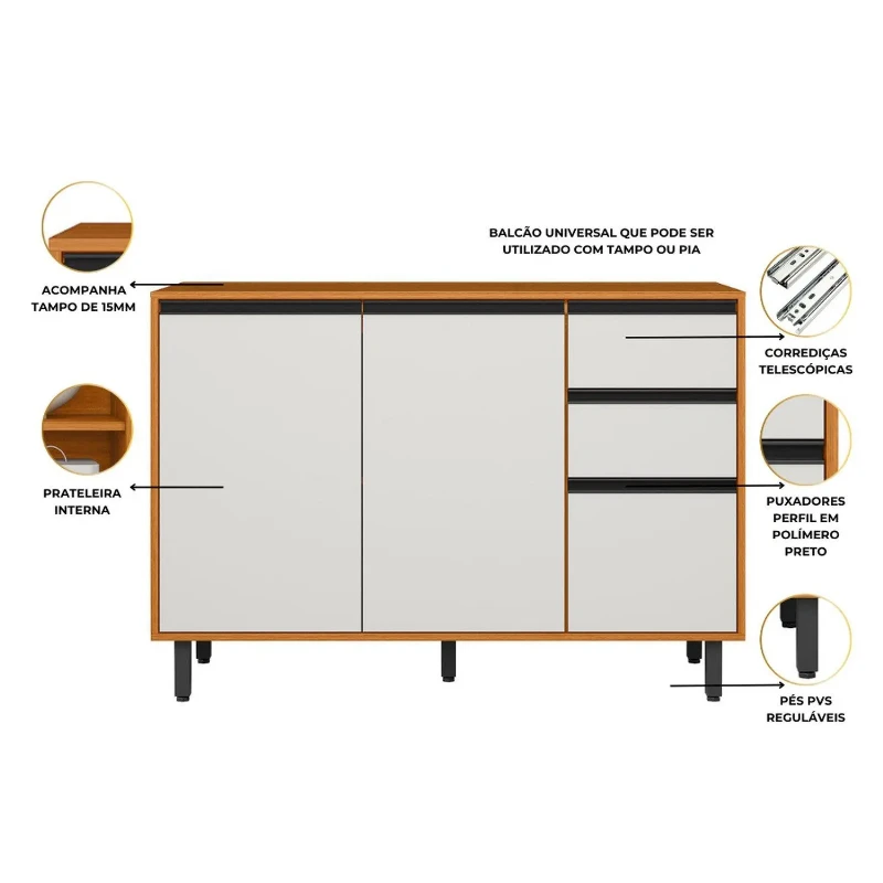 Balcão para Cozinha 120cm 3 Portas 2 Gavetas com Tampo Ravena - Poliman