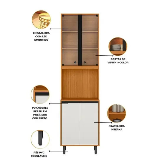 Paneleiro Cristaleira com Led 4 Portas Ravena - Poliman