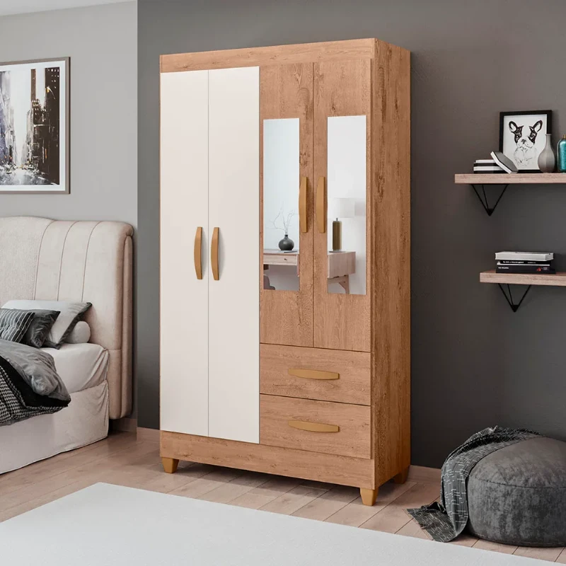 Guarda-Roupa/Roupeiro com Espelho 4 Portas 2 Gavetas Real Light Atualle Móveis