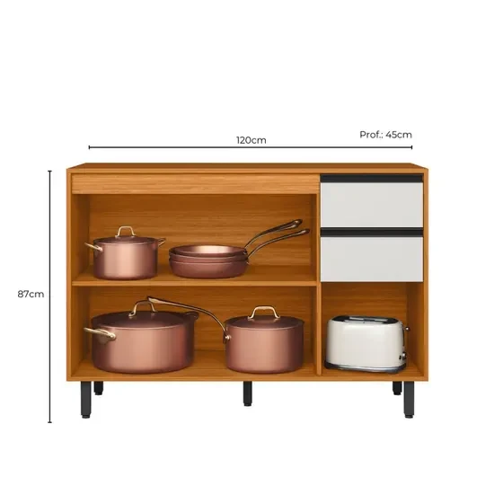 Balcão para Cozinha 120cm 3 Portas 2 Gavetas com Tampo Ravena - Poliman