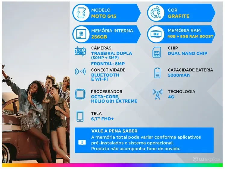 Smartphone Motorola Moto G15 256GB Grafite 4G 4GB RAM 6,7" Câm. Dupla Selfie 8MP
