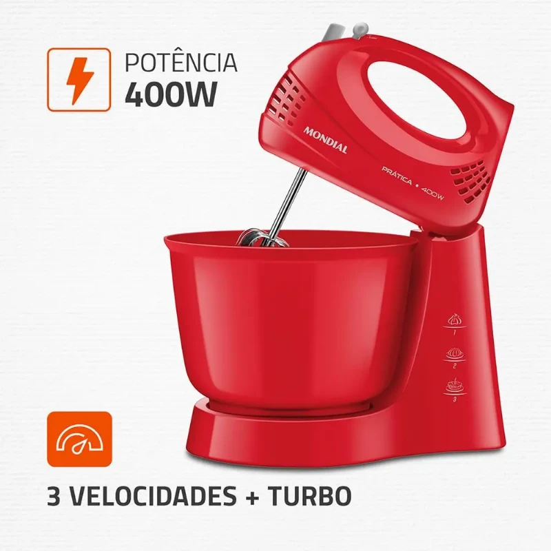Batedeira Mondial Pratica Vermelha 400W B-44-R - 3 Velocidades