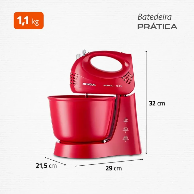 Batedeira Mondial Pratica Vermelha 400W B-44-R - 3 Velocidades