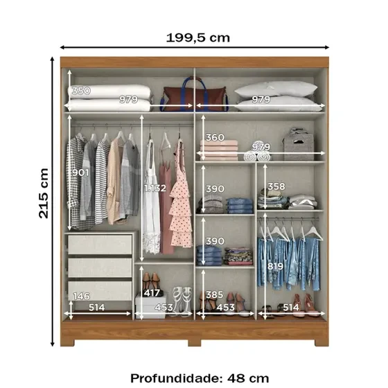 Guarda-Roupa/Roupeiro 2 Portas 3 Gavetas B352 - Briz