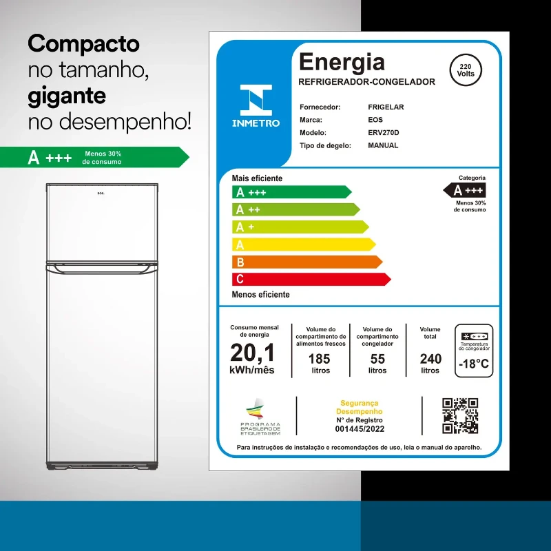 Geladeira/Refrigerador EOS 240 Litros Duplex Inox ERV270DS 220V
