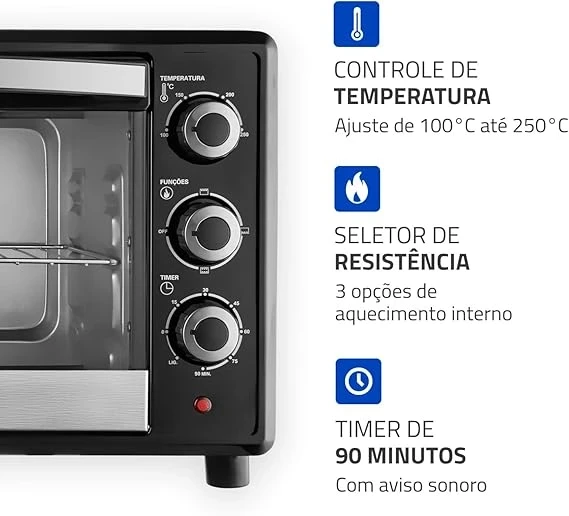 Forno Elétrico de Bancada Mondial com Timer 42L - Preto Family II FR-42