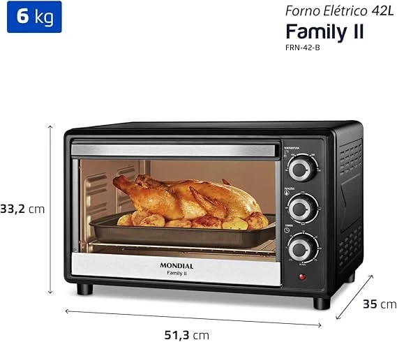 Forno Elétrico de Bancada Mondial com Timer 42L - Preto Family II FR-42