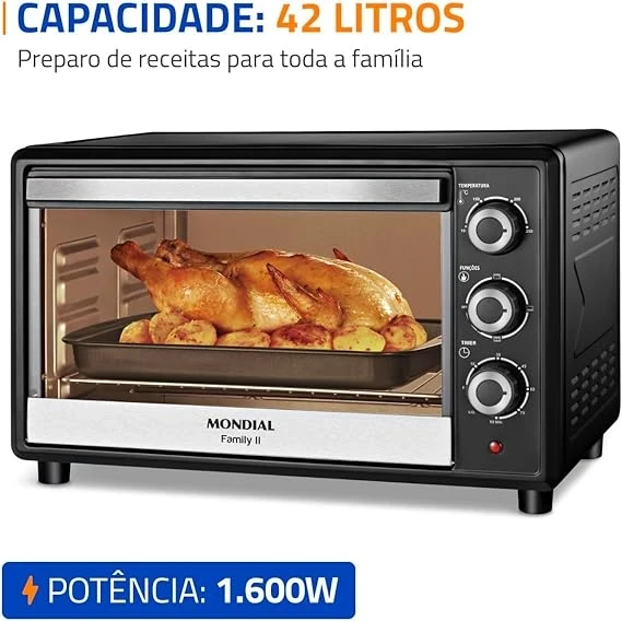 Forno Elétrico de Bancada Mondial com Timer 42L - Preto Family II FR-42