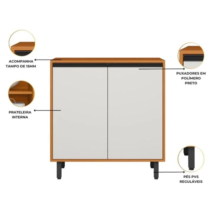 Balcão Ravena 80cm 2 Portas Tampo 15mm Puxadores Pretos Prateleira Removível - Poliman