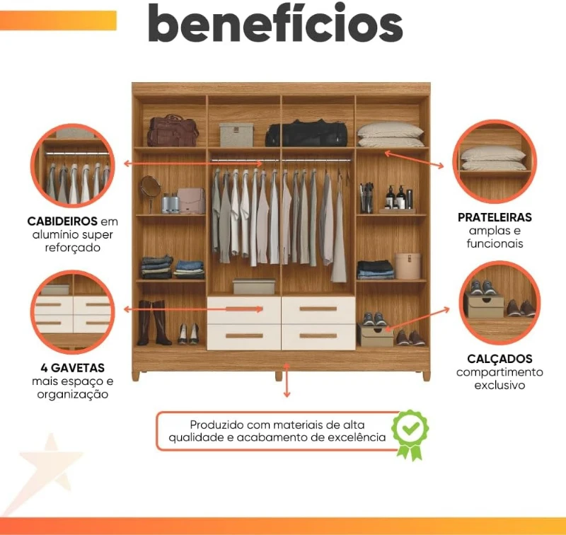 Guarda Roupa Casal 8 Portas 4 Gavetas com Pés Itapema Atualle