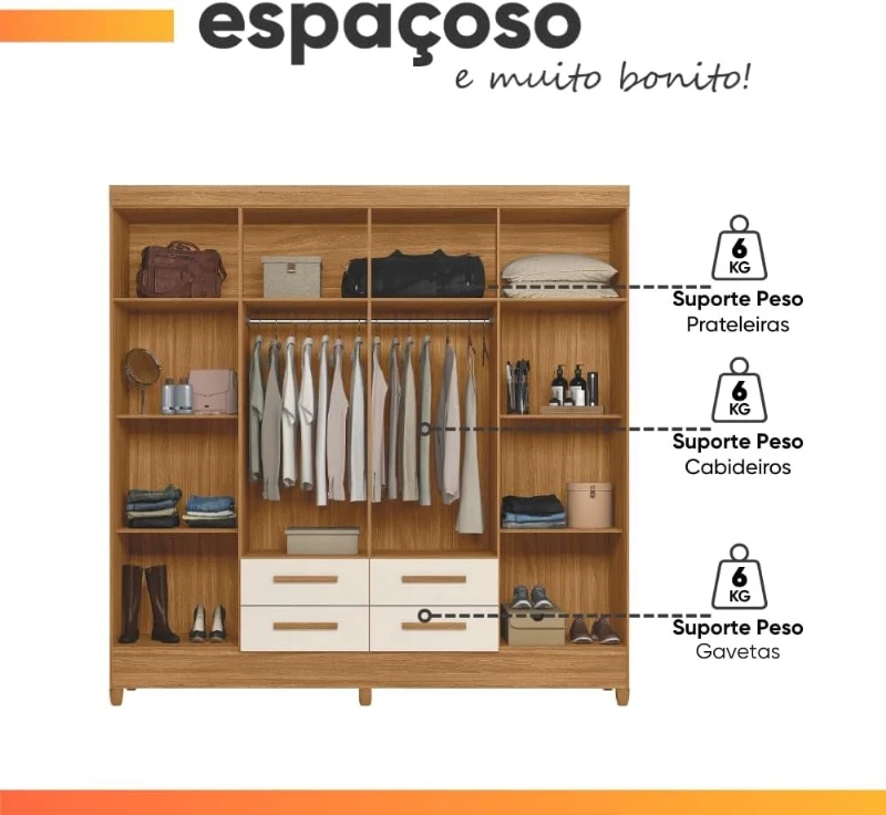 Guarda Roupa Casal 8 Portas 4 Gavetas com Pés Itapema Atualle